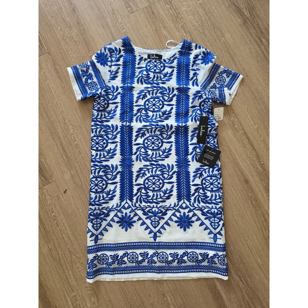 Lulus Shift Dress Womens XS White NEW Blue Embroidered Mini Dress